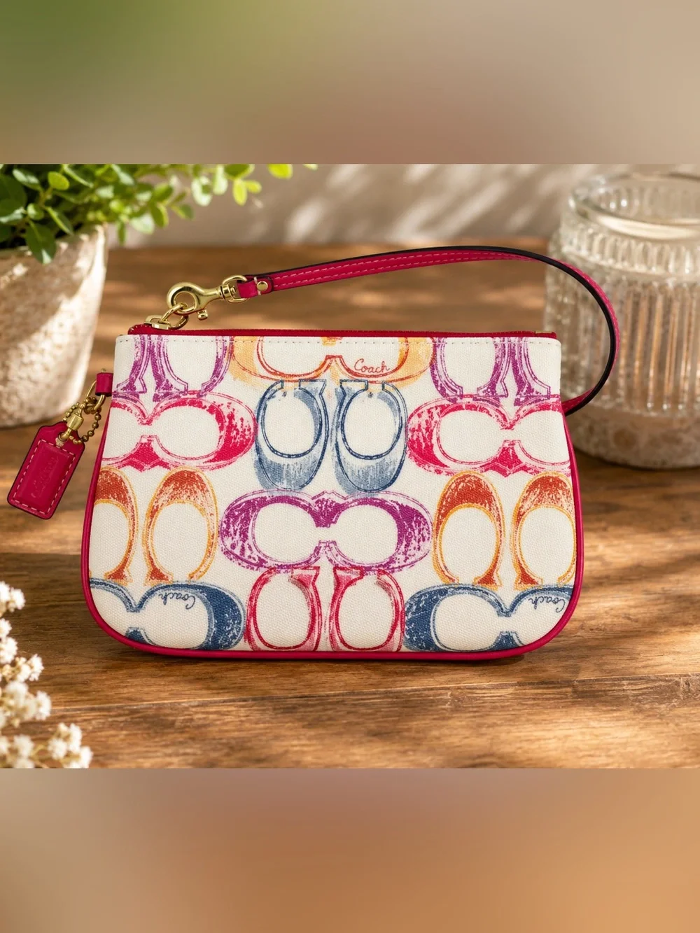Coach Multicolor Signature Canvas Wristlet Pink Trim